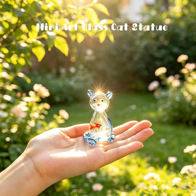 Hand Blown Glass Cat Figurine with Goldfish Inside, Mini Art Glass Cat Statue Ornament, Cute Handmade Crystal Animal Collectible Figurines for Home Desktop Decor, Birthday Gift for Cat Lovers (Cat)
