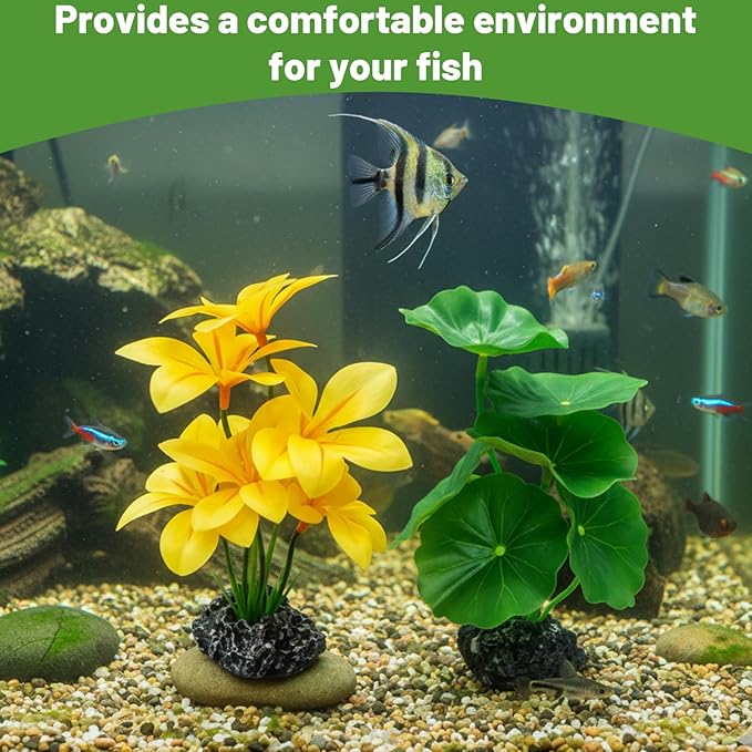 Silk Plants for Fish Tank, Aquarium Decorations with Silk Plants for Fish Tank, Safe Hiding Spots for Betta Fish and Small Pets, Two 7-Inch Artificial Aquatic Plants for Compact Tanks