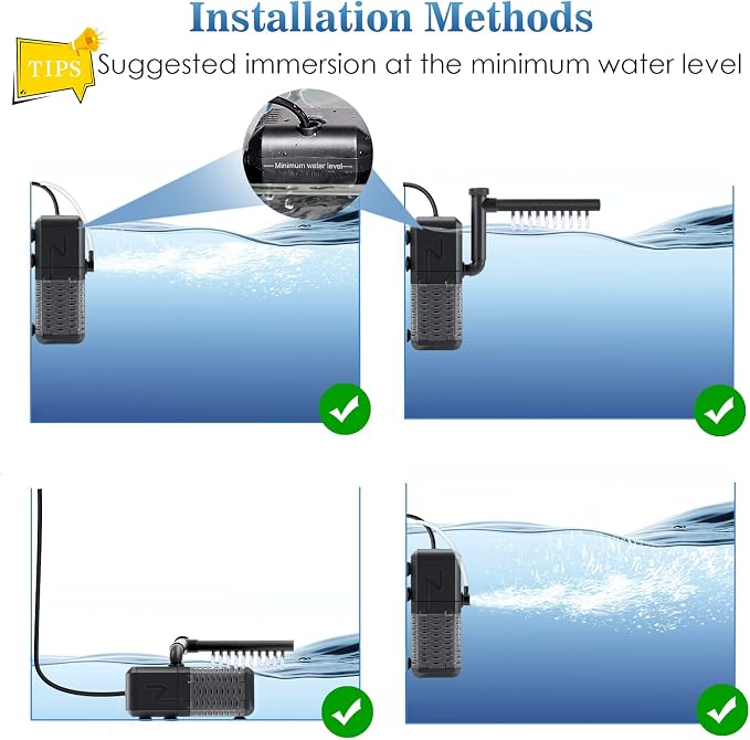AQQA Submersible Aquarium Filter, Adjustable Flow with Aeration System | Ultra Quiet, Biochemical Sponge Filtration, Fish Tank Filter Built-in Rainfall Aerator, Fits Tanks Up to 50 Gallon,158GPH