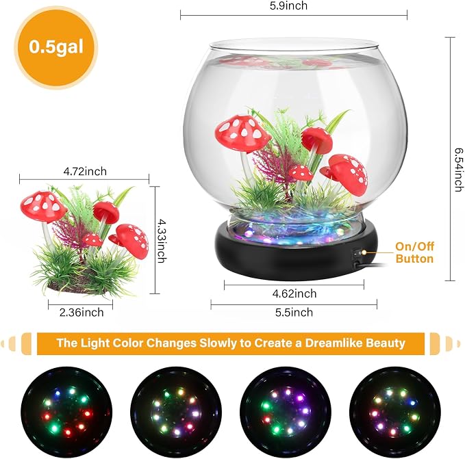 hygger 0.5 Gallon/1 Gallon Glass Fish Bowl with LED Light and Decor, Small Round Betta Fish Tank Goldfish Bowl, Round Clear Unbreakable Aquarium/Vase/Hydroponic Plant Terrarium, Nice Centerpieces