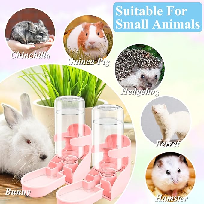kathson 2 PCS Rabbit Water Dispenser for Cage 17 Oz Hanging Guinea Pig Water Bottle No Drip Gravity Automatic Bunny Water Bottle No Leak Small Animal Water Bottle for Chinchilla Ferret Hamster（Pink）