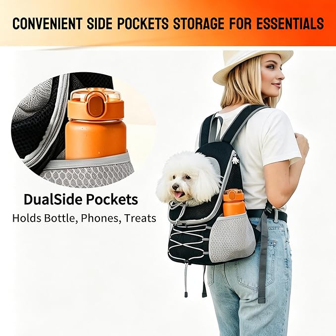 Dog Carrier Backpack for Small Dogs 2-15 lbs, Breathable Front Chest & Back Pet Carrier, Puppy Backpack with Safety Tether for Hiking Walking, Shoulder Bag for Dog, Black Grey (M)