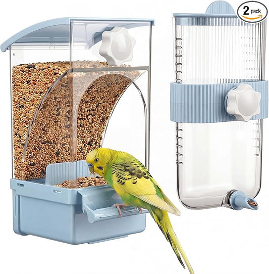 Novabright No Mess Bird Feeder Water Dispenser Set, Automatic Transparent Bird Food Container and 12 oz Automatic Water Feeder for Small Birds Parrot, Cockatoo, Canary, Cage, Lovebird, Budgies(Blue)