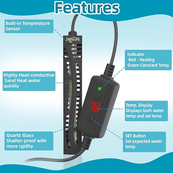 SEAOURA Submersible Fish Tank Heater, 75W Aquarium Heaters for 7-20 Gallon, Adjustable Turtle Tank Heater with Digital Temperature Display, Suitable for Freshwater and Saltwater Tank
