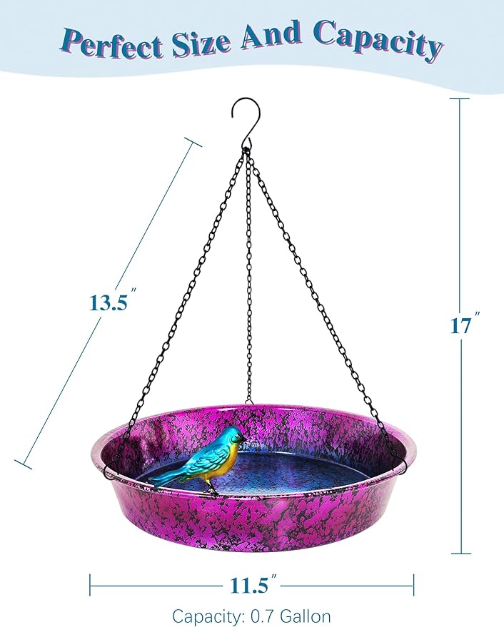 Hanging Bird Bath for Outside, 11.5” Metallic Purple & Blue Metal Birdbath Bowl & Feeder with Black Chain Outdoor Garden Yard Decor