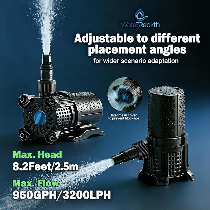 Pond Pump Set, 850GPH Adjustable Submersible Pump for Fountains & Waterfalls, 46W Motor, 2 Install Options, 20.3ft Cord for Pond, Aquarium, Agri Irrigation, Small Circulation System