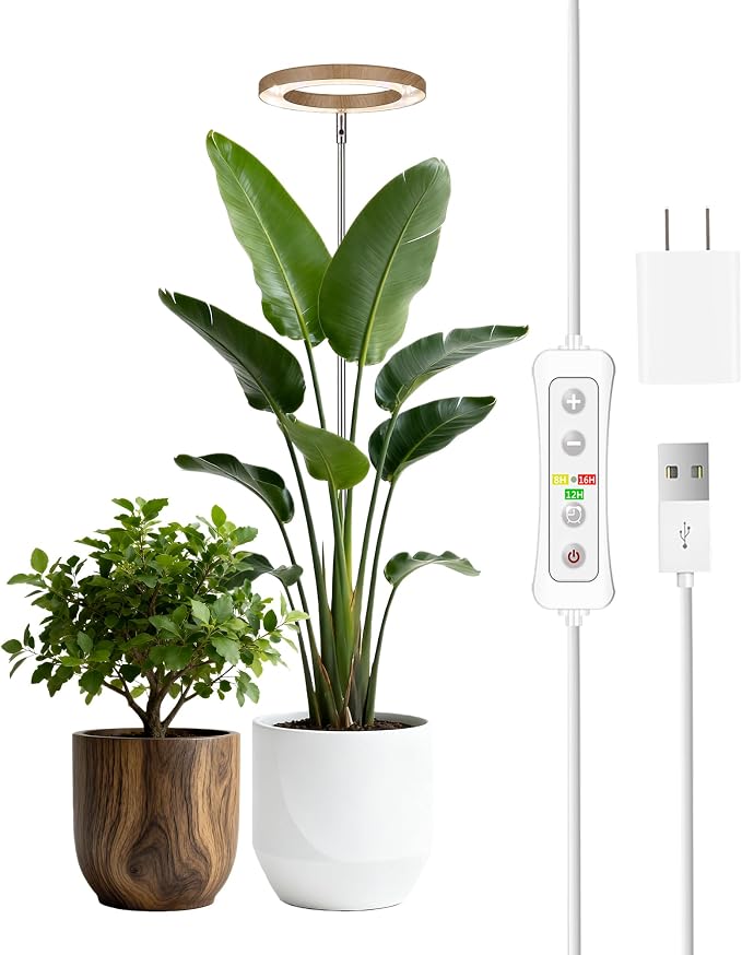 Plant Grow Light,LED Growing Light Full Spectrum for Indoor Plants,Aluminum Coffee Wood Grain Plant Lights,Height Adjustable, Automatic Timer, 5V Low Safe Voltage