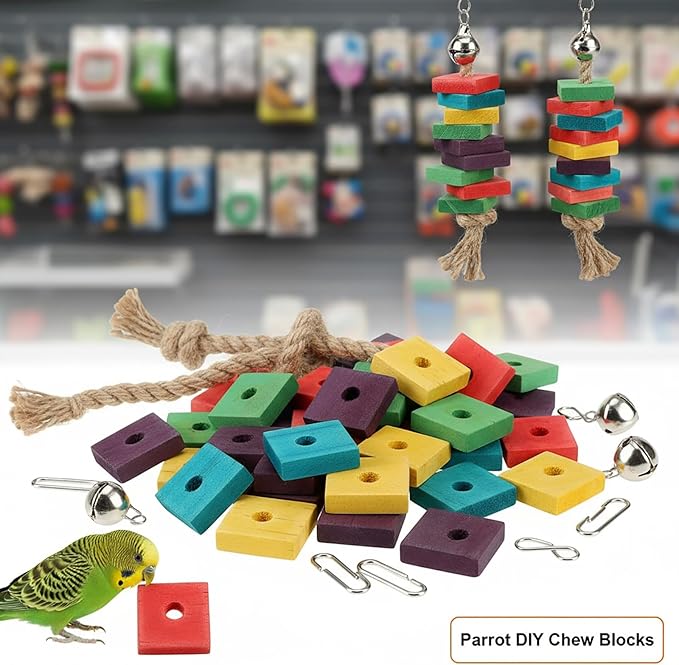 20PCS Colorful Wooden Chew Toys for Small Birds,Mini Wooden Blocks for Parrots, DIY Playtime Chewing Charms,Safe Bite Toys for Large Birds & Parakeets