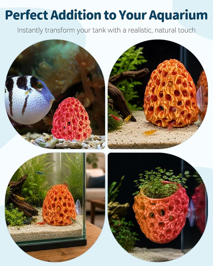 Uniclife Shrimp Cave, Shrimp Hides for Aquarium, Realistic Plastic Aquarium Coral Rock Decorations with Suction Cup, Betta Hideout Tank Accessories for Fish Tank Decor, Red-to-Yellow Gradient