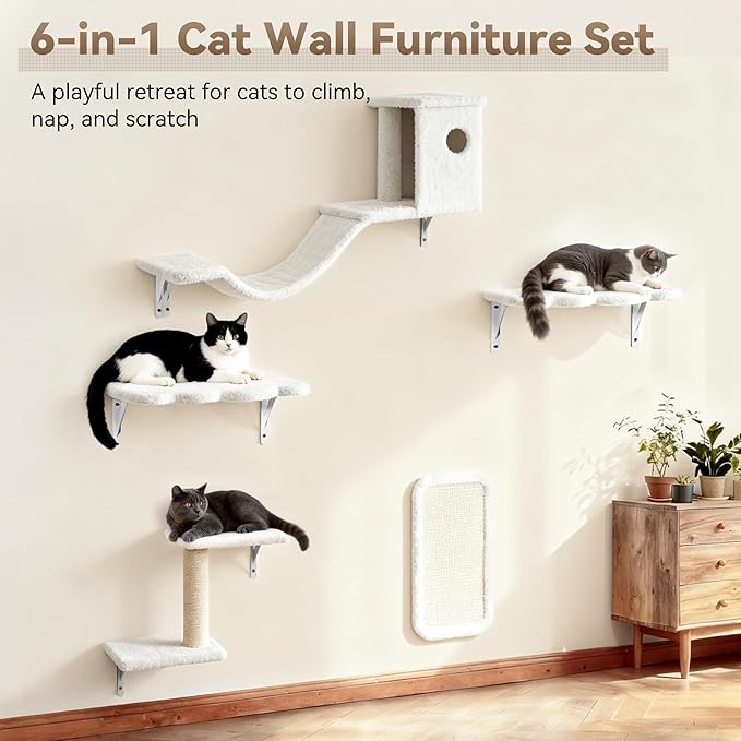 Meecal 6-in-1 Cat Wall Shelves, Wall-Mounted Cat Furniture for Indoor Kittens, Modern Floating Shelves with Scratching Posts, Bed, Perch, Bridge, Condo, Steps and Scratcher, Space-Saving Gym, White