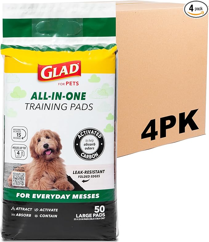 Glad for Pets Black Charcoal Puppy Training Pads with Odor Control and Pheromone Attractant, Leak Resistant Dog Potty Pads for House Training Puppies and Dogs, 23 x 23 in, 50 Count - 4 Pack
