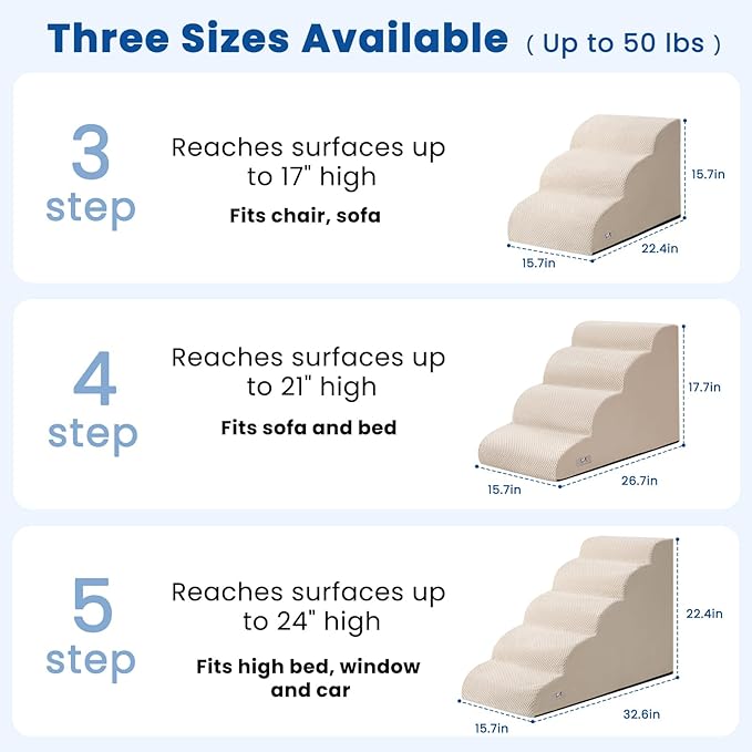 Airpanda Dog Stairs for Small Dogs and Cats – 3 Step Pet Ramp for Couch & Sofa, Non-Slip Dog Steps for Pets, Washable Cover, High-Density Support Foam for Easy Climbing,Beige