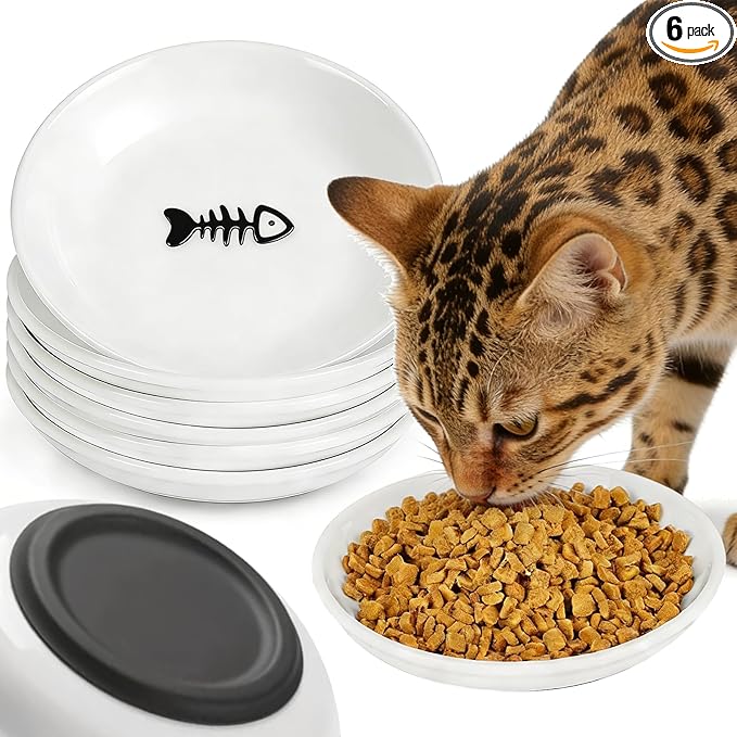 Non-Slip Cat Food Bowls - 6 Pack Whisker Fatigue Ceramic Cats Dishes Set for Indoor Cats, Shallow Wide Kitten Plates for Wet Food and Water, Microwave & Dishwasher Safe