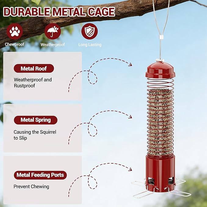 Squirrel Proof Bird Feeder, Metal Bird Feeders for Outdoors Hanging, 3.6LB Large Seeds Capacity for Wild Birds, Finch, Cardinal, Blue Jay, Chickadee, Red
