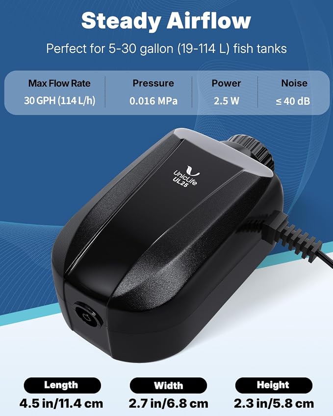 Uniclife Aquarium Air Pump, Adjustable Quiet Oxygen Pump for Fish Tanks, Airline Tubing & Accessories