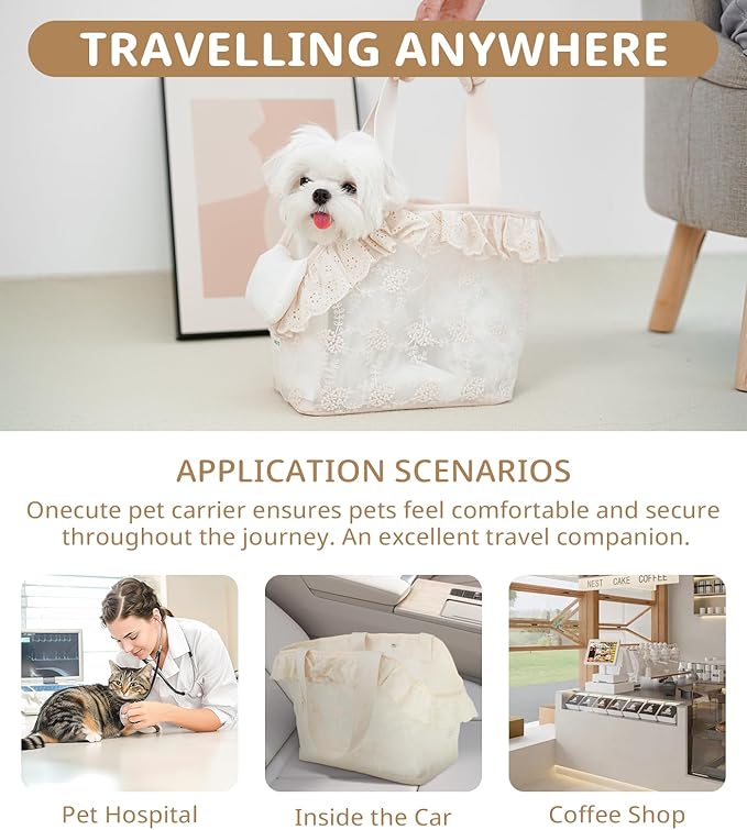 ONECUTE Dog Carrier for Small Dogs Rabbit cat with Lace Design, Cotton Bag, Dog Carrier Soft Sided, Collapsible Travel Puppy Carrier (Beige, 13" L x 6.7" W x 10.6" H)