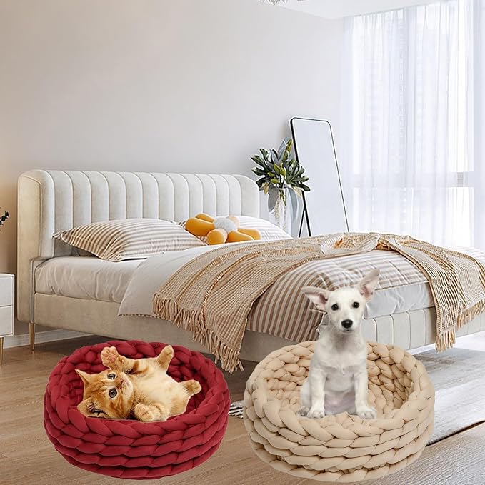 Woven Dog Bed Basket, Knitted Cotton Cat Bed Round Washable Woven Cat Pet Bed Chunky Dog Basket, Orthopedic, Chunky Knit Dog Nest,Dog Bed,Dog Cave,Dog Bedding(Red 1,23")