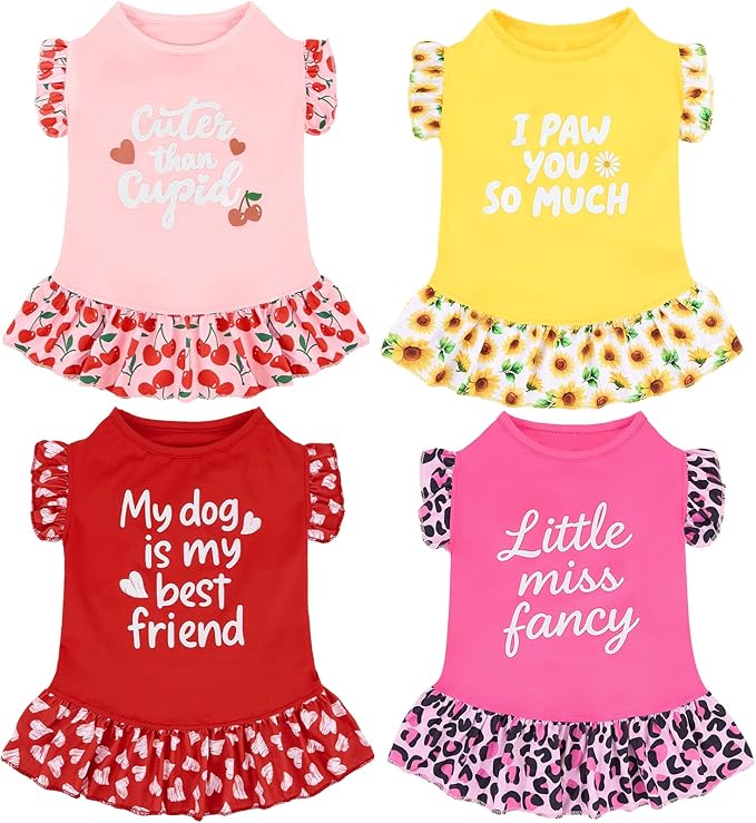 XPUDAC 4 Pack Cute Dog Dress for Small Dog, Floral Puppy Dress Sweet Girl Pet Skirt Outfits Colorful for Birthday Holiday Spring Summer Pet Clothes for Girls, XS
