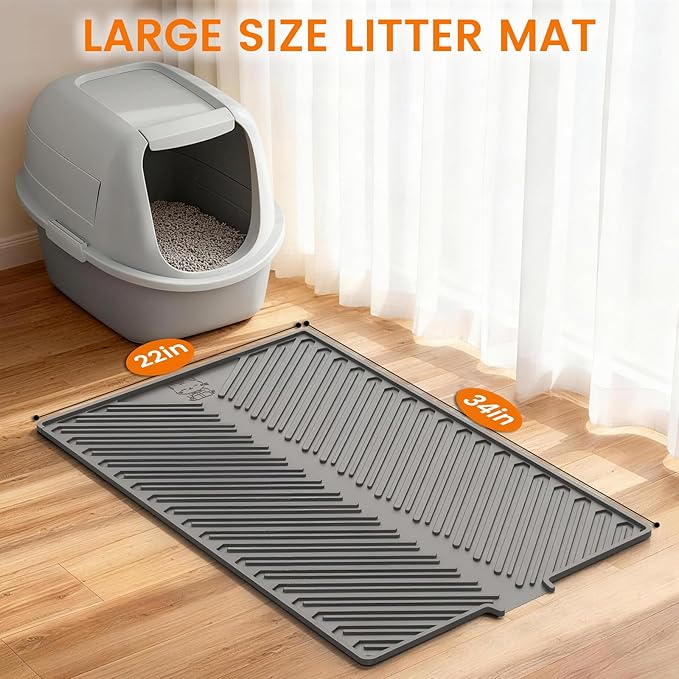 Cat Litter Mat, Large 34" x 22" Litter Trapping Mat, Silicone Litter Mat for Litter Box, Waterproof Foldable & Easy Clean, Scatter Control, Soft on Paws, Gray
