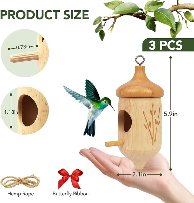 Hummingbird House, Small Hummingbird Houses for Outside, Wooden Bird House with Bow, String, Cute Gardening Gifts Home Decoration