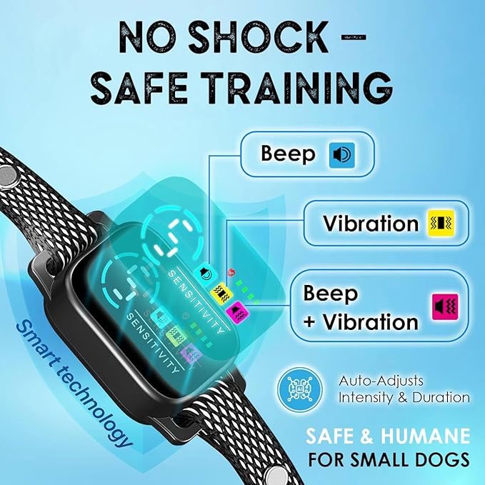 Bark Collar for Small Dogs 8-40 Ibs - No Shock Anti Barking Collar with Al Chip - 3 Modes & 5 Sensitivity Levels - Waterproof, Rechargeable, Magnetic Charging - Humane, Effective Training (Black)