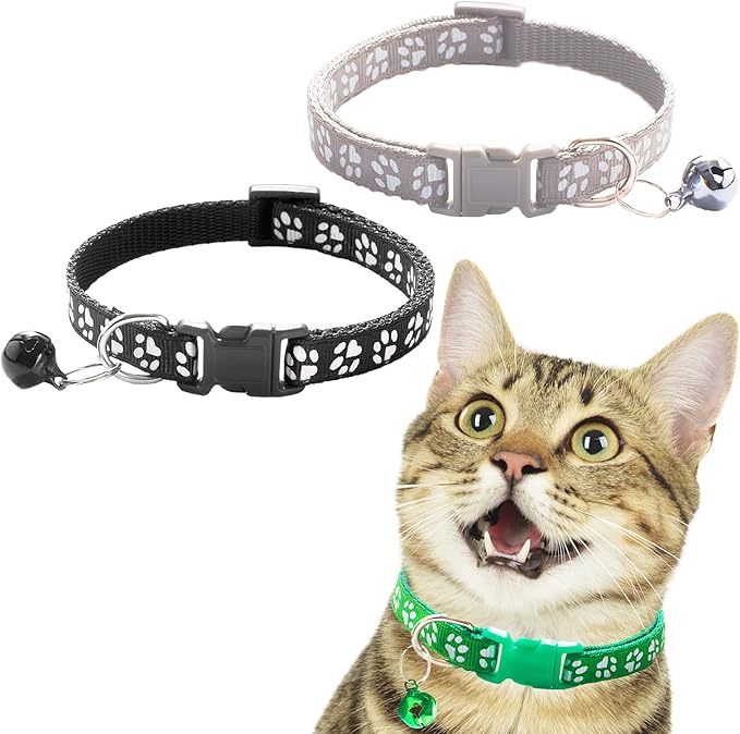 Vila Cat Collar with Bell, Reflective Adjustable Kitten Collar 7.5–12.5 Inches, Breakaway Safety Buckle, Lightweight Nylon Collar for Cats & Small Pets, 3-Pack (Green, Gray, Black)