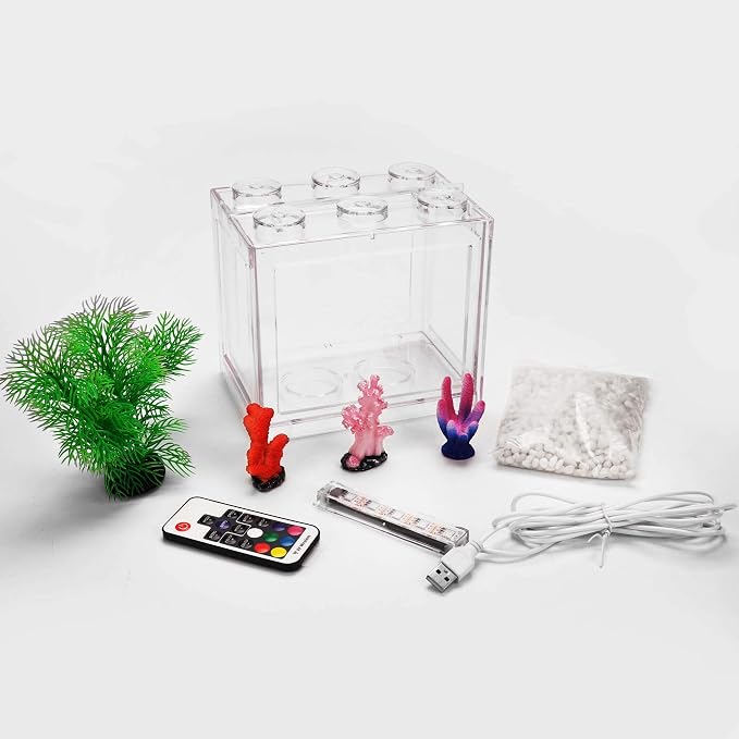 Oltraman Small Betta Fish Tank, Aquarium Tank Kit with LED Lighting, 0.6 Gallon Stackable Fighting Fish Tank Set, Fish Bowl Accessories for Turtle Reptile Shrimp Crab Insects as Decoration