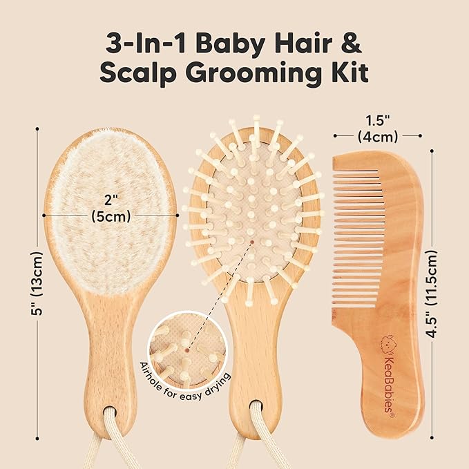 Baby Hair Brush Set for Newborns - Soft Goat Bristle Wooden Baby Brush and Comb Set Newborn Grooming Kit for Cradle Cap, Durable & Gentle, Boy, Girl Infant Essentials Care Kit (Petite, Walnut)