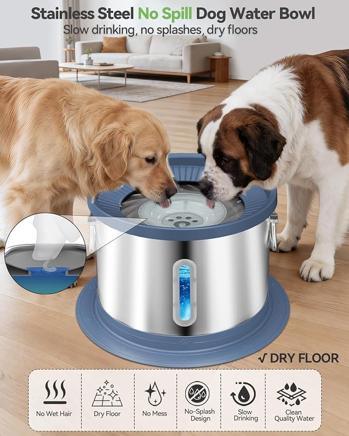 UPSKY 14L No Spill Dog Water Bowl, Stainless Steel Spill Proof Dog Bowl with Water Window, Dual-Suction Anti-Slip Large Capacity Slow Drinking Bowl with Floating Disk for Large Dogs & Messy Drinkers