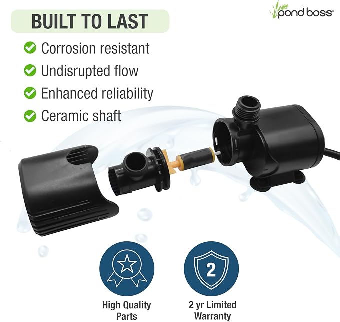pond boss 300 GPH Submersible and In-Line Water Pump for Hydroponics, Aquaponics, Fountains, and Freshwater Aquariums – Adjustable Flow, Quiet Operation, Includes Tubing Adapters