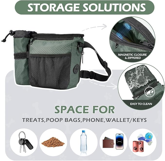 Dog Treat Training Pouch with Magnetic Zipper Closure - Built-in Poop Bag Dispenser, Side Pocket for Dog Water Bottle, 3 Ways to Wear,Carry Kibble & Pet Toys (GrayishGreen)