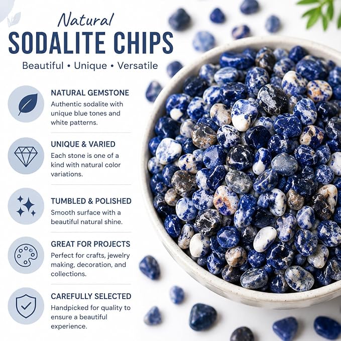 Natural Sodalite Crystal Chips Bulk 2lbs (1200+ Pieces), 8-15mm Blue Polished Gemstone Chips for Jewelry Making, Aquarium Gravel, Succulent Plant Decor & DIY Crafts