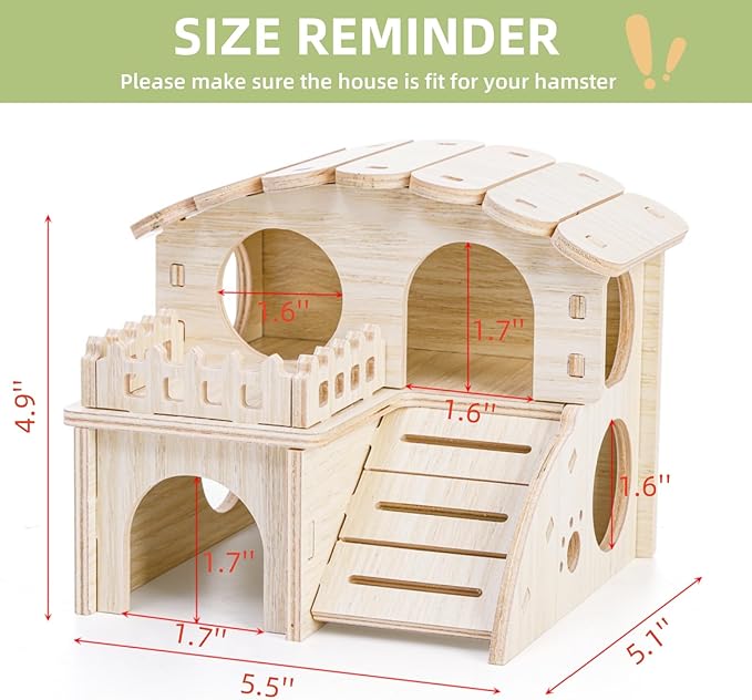 WRINGKIT Wood Hamster House, Tiny Maze Hamster Hideout, Fun Slide Gerbil House with Window, Detachable Double Decker Hut for Hamster Dwarf Mice Mouse Small Animals