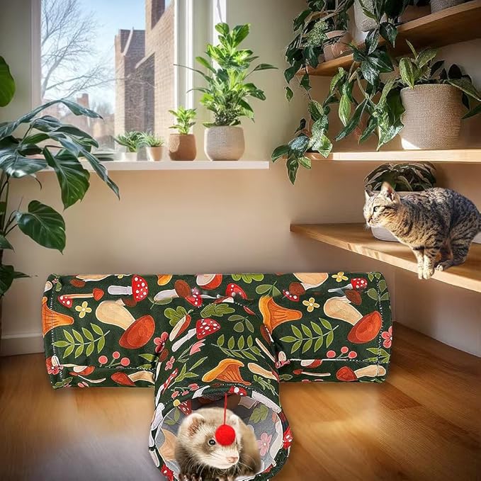 3 Way Washable Hideout Toys, Small Pet Tunnels and Tubes for Baby Rabbit Ferret Hamster Chinchilla Hedgehog Hiding and Resting (Mushroom)