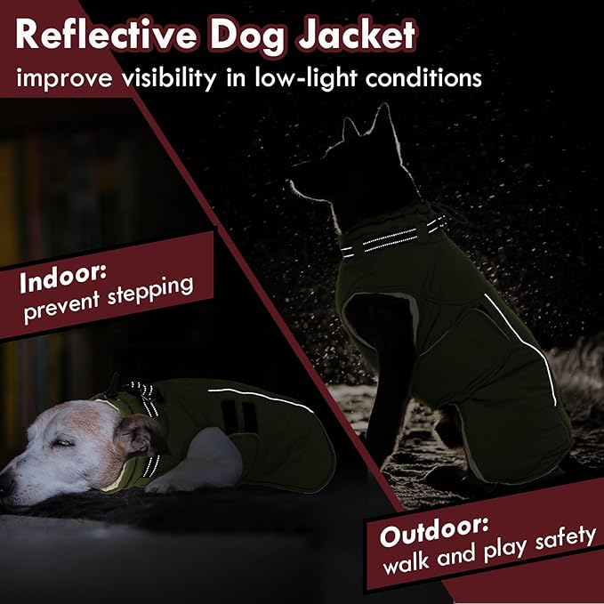 Dog Coats for Medium Dogs, Waterproof Winter Coat with Harness Bulit in, Reflective Reflective Adjustable Hook&Loop Dog Snowsuit for Cold Weather Warm Snow Jacket, M Green