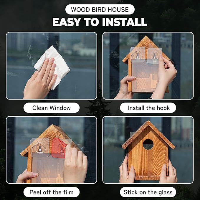 Window Bird Houses for Outside with 2 Powerful Hooks, Clear Window for Viewing Inside, Hanging Wooden Birdhouses with Weather Treated for Outdoors, Bird Nesting Box for Bluebird Finch Chickadee