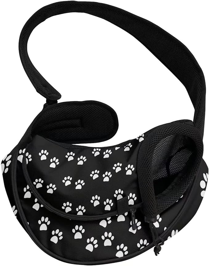 FUSURIRE Black White Puppy Paws Sling Bag Carrier for Pets Cats Dogs Cute Front Pocket Travel Safe Breathable Mesh Pet Carrier with Adjustable Strap and Plug Hook Design