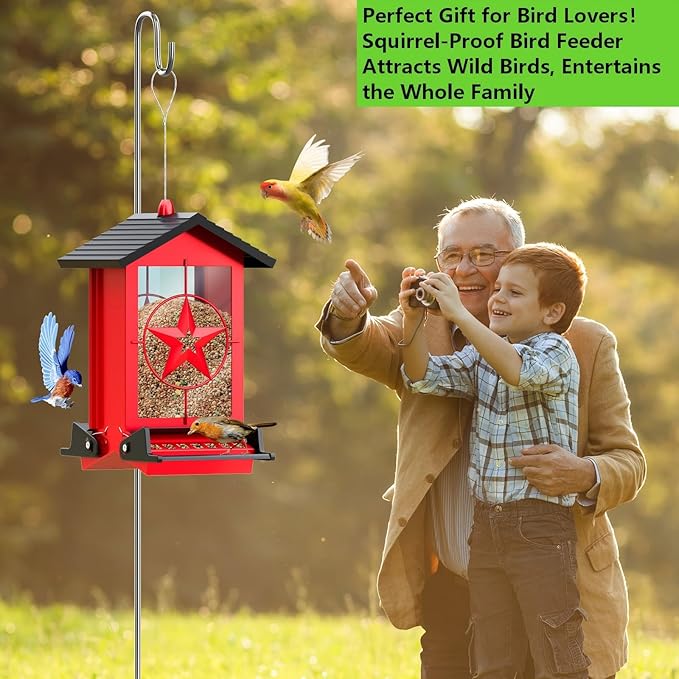 Squirrel Proof Bird Feeders for Outdoors with Weight-Activated, Metal 5LB Large Wild Bird Feeders for Cardinals,Blue Jay,Finch, Weatherproof Durable Hanging Bird Feeder for Backyard,Garden (Red)