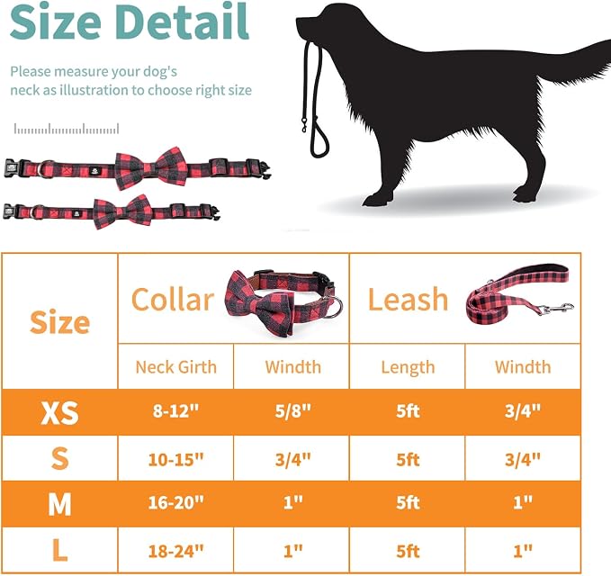 IVY&LANE Dog Collar with Bowtie and Leash Set | Plaid Adjustable Dog Collar | Detachable Bow Tie |5 FT Dog Leash | for Small Medium Large Dogs | Checkered Red | X-Small