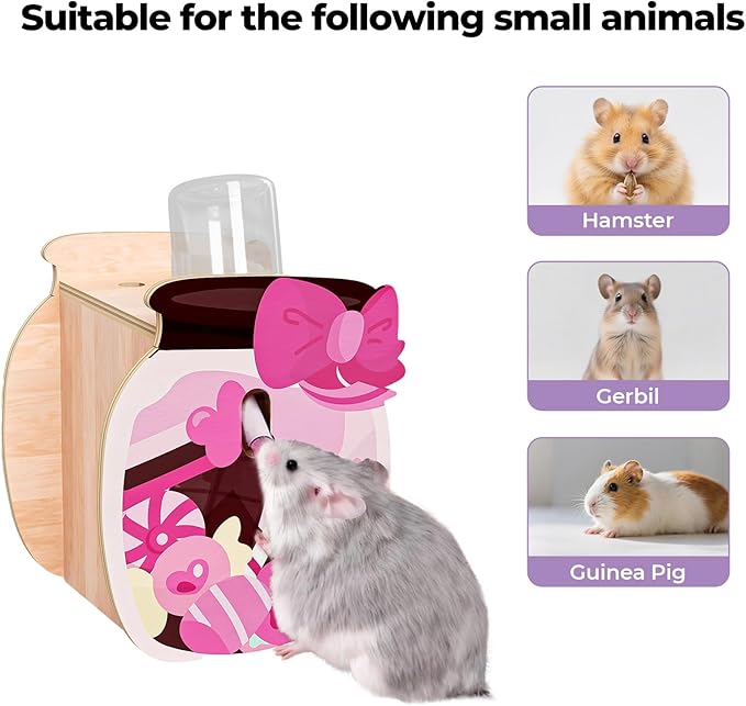 mini&moe Hamster Water Bottle for Glass Tank – 4 oz Guinea Pig Water Bottle No Drip for Hamster Cage Accessories Small Animal Water Dispenser with Wooden Holder for Rats, Gerbils