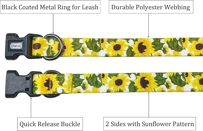 Dog Collar Leash Set, Floral Pattern, 5ft Matching Leash, Polyester Material, 4 for Small Medium Large Dogs.(XS, Sunflower)