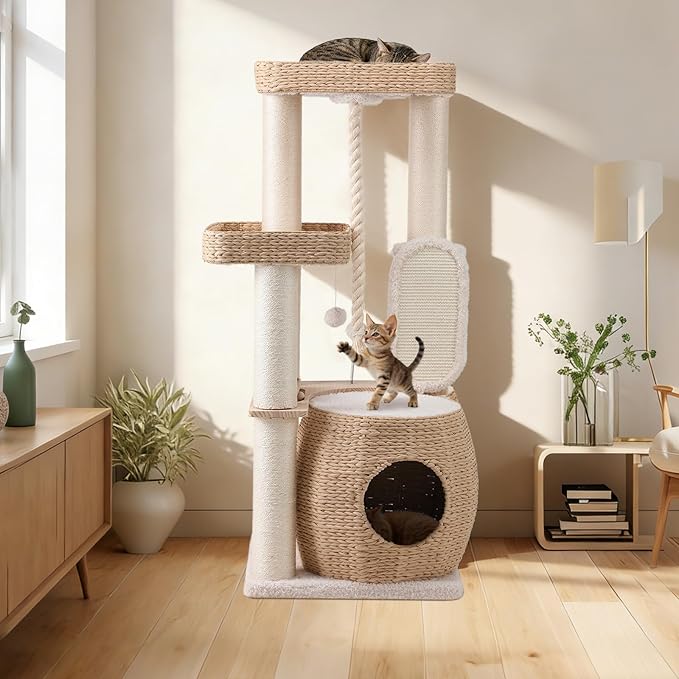 EMUST Luxury Modern Cat Tree Tower 50IN - Heavy-Duty Multi-Level Cat Condo with Extra-Large Hand-Woven Rattan Bed & Thickened Scratching Post for Indoor Cats Large Adult