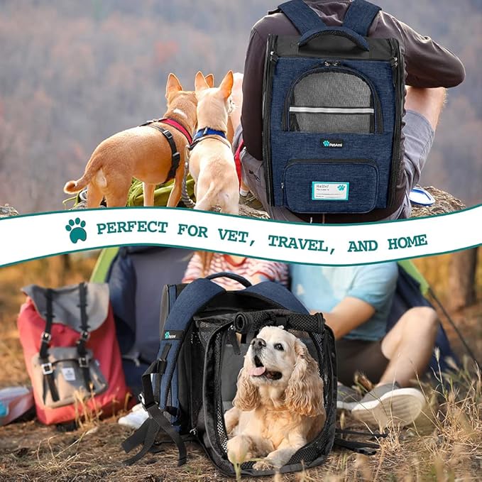 PetAmi Expandable Dog Backpack Carrier for Cats & Pets, Breathable Cat Carrier Backpack with Top Window & Multi-Entry, Ventilated Foldable Travel Carrier for Small Medium Pets up to 18 lbs, Navy