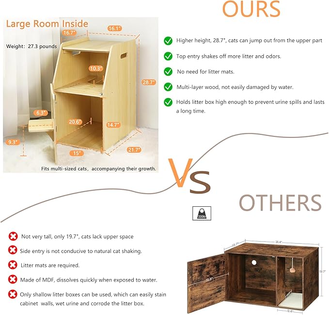 Cat Litter Box Enclosure,Enclosed Litter Boxes,Top Entry Cat Enclosure Furniture,Tall Enclosed Pet Cabinet, Wooden Washroom with Filter and Stairs for Indoor Cats,Dog Free (Natural)