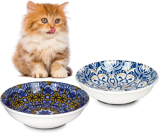 HAPPY KIT Ceramic Cat Food Bowl, Non-Slip Whisker Fatigue Cats Bowl, 5.75” Shallow Dish for Indoor, Boho Whisker Friendly Cat Bowls, Small Kitten Plates with Silicone Bottom