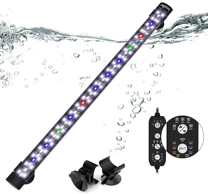 SEAOURA 24/7 Submersible LED Aquarium Light for Plants Fish Tank, 19 Inch | IP 68 Waterproof Full Spectrum Aquarium Plant Light with Timer for 20-35 Inch Tank, 10 Brightness, 8 Colors, Auto On/Off