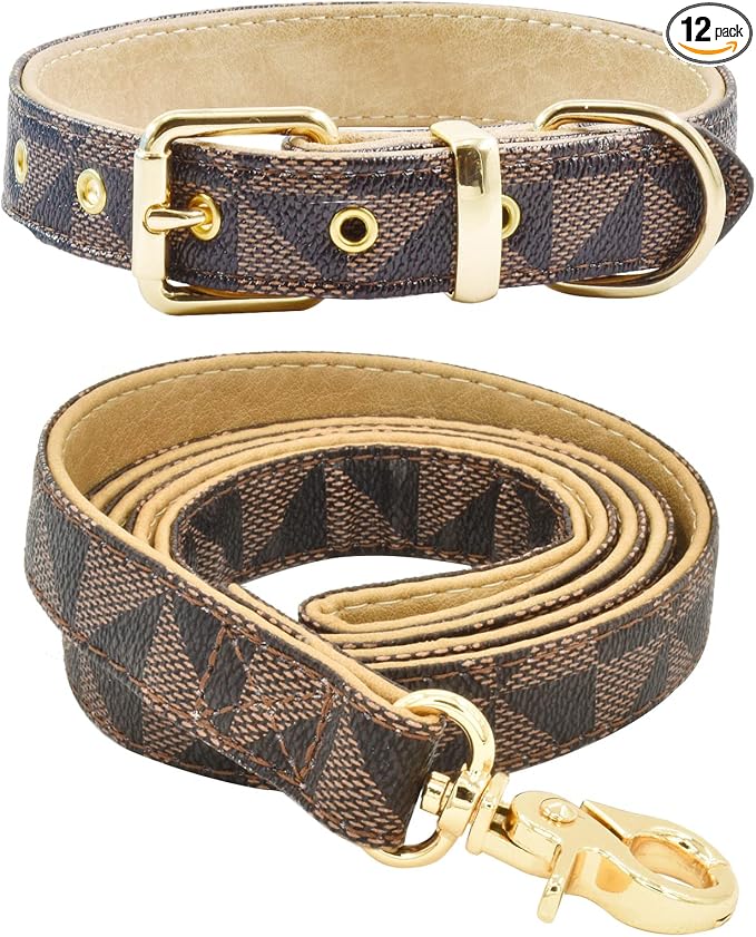 Leather Dog Collar and Leash Set, Check Pattern Dog Collar Leashes Metal Buckle Adjustable Durable for Small Medium Large Dogs (Brown, XL(18-22IN))