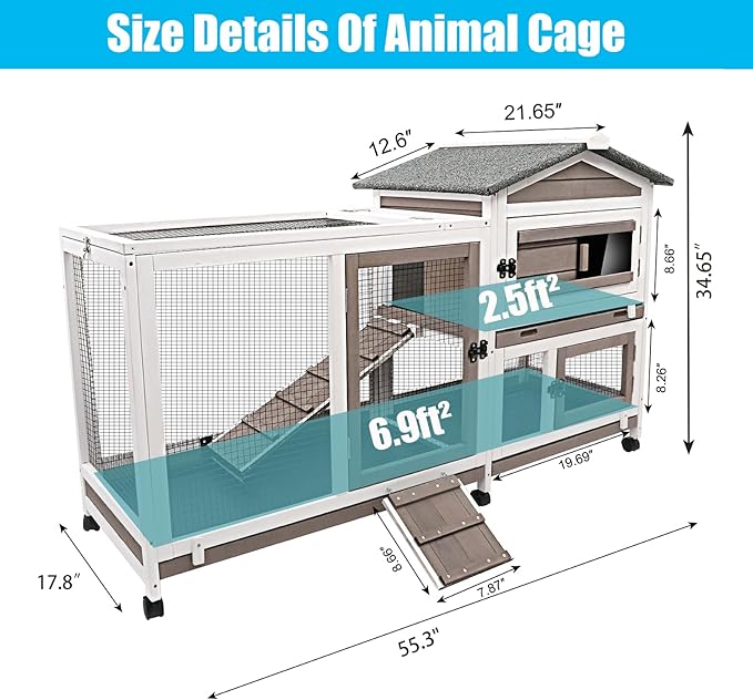 Ketive Rabbit Hutch Indoor Outdoor Two Story Bunny Hutch with Wheels Guinea Pig Cage with Removable No Leaking Tray Wooden Pet House