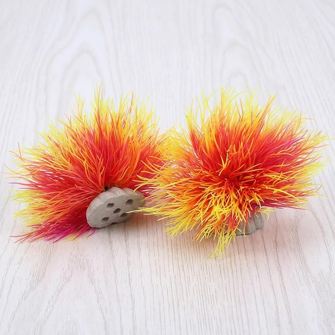 3 Pack Aquarium Plants Realistic Fish Tank Plants, Pink and Yellow | Plastic, with Weighted Base, Small Round Aquarium Decor, for Betta Tanks, Aquascaping, Reptile Terrariums