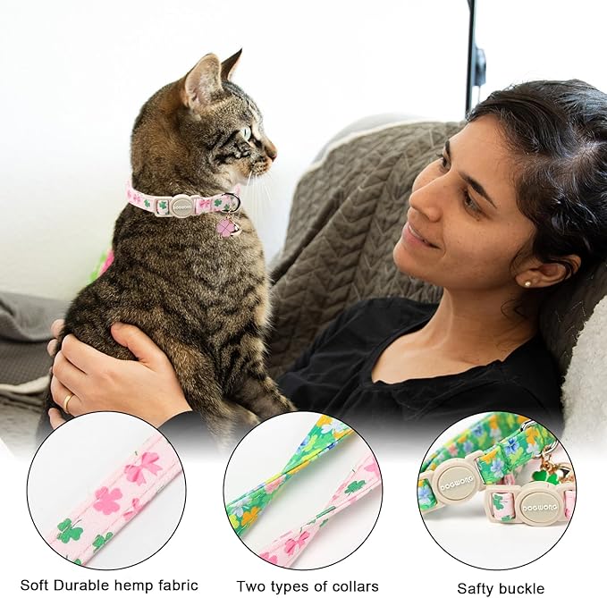 DOGWONG 2 Pack St Patricks Day Cat Collar Breakaway,Safety Adjustable Green Shamrock Cat Collars with Bell for Kitten